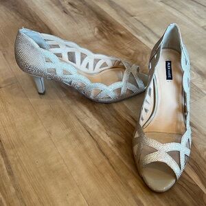 Alex Marie, gold leather mesh peep toe heels